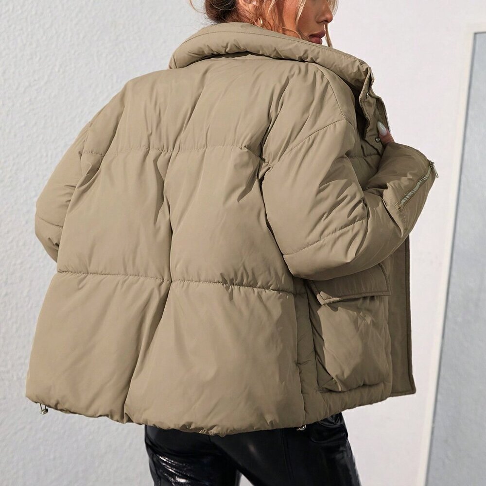 Khaki Casual Women's Loose Stand Collar Padded Puffer Coat - Picture 2 of 6